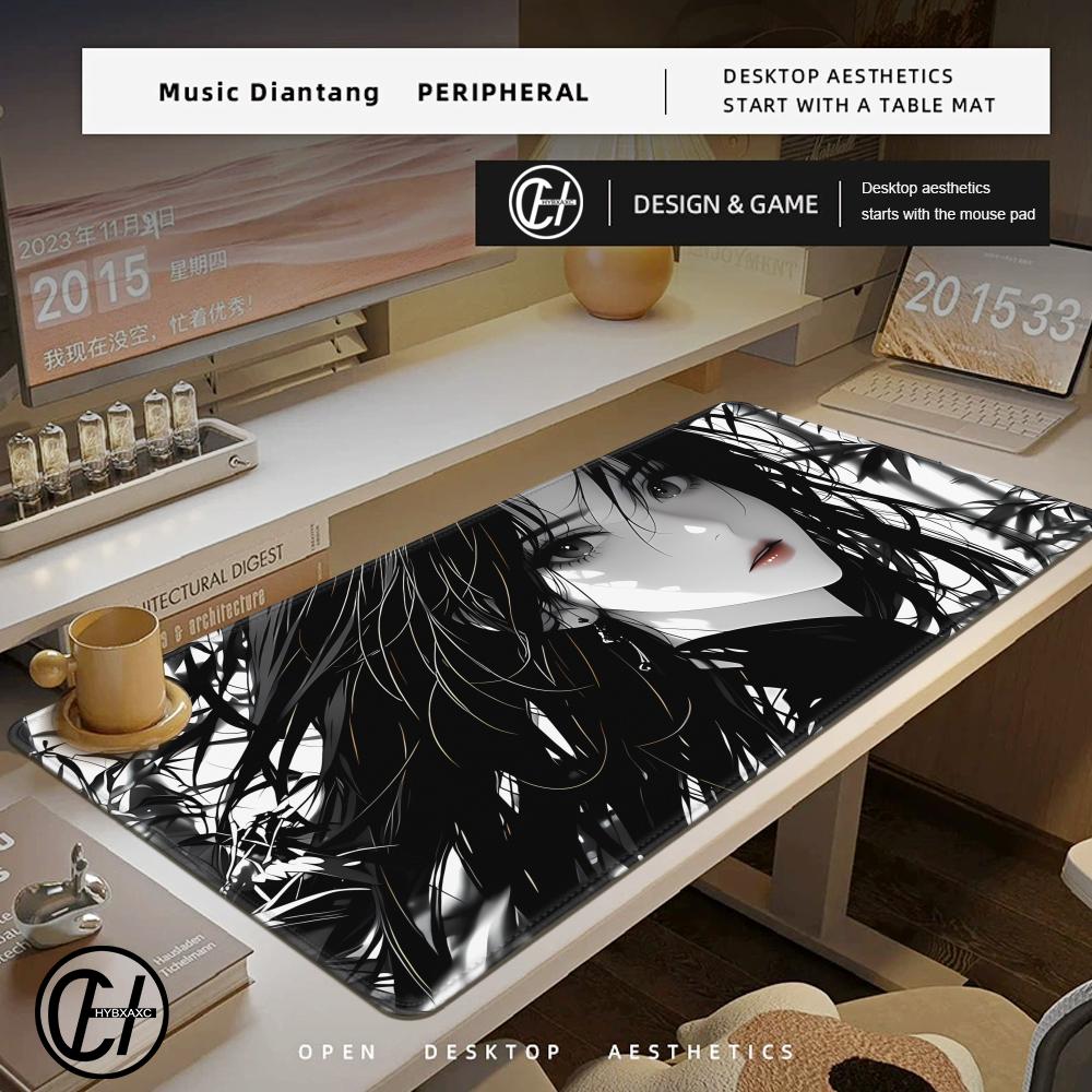 New Black And White Anime Girl Mousepad Hot Large Mouse Pad Office Keyboard Edge Locking Hybxaxc Gamer Accessories Nonslip Mat