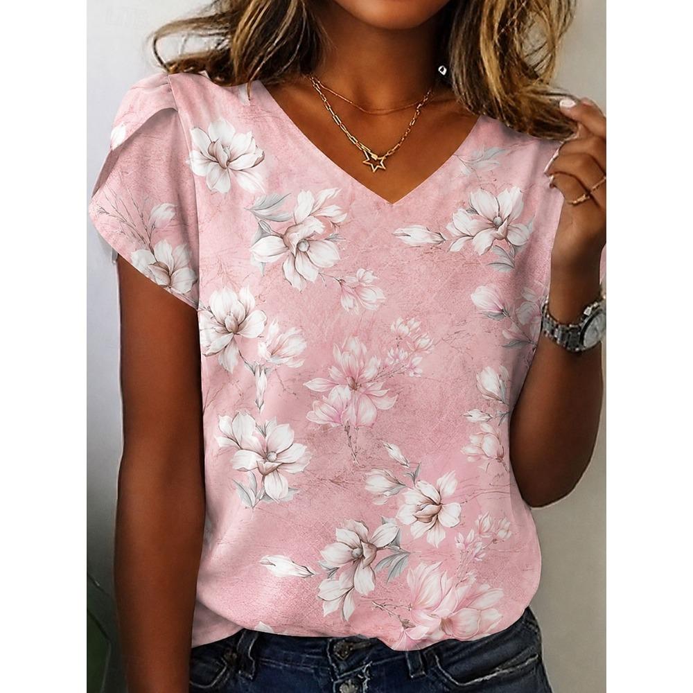 Women's Shirt Print Floral Graphic Vintage Daily Stylish Short Sleeve V Neck Regular Tops Casual Daily Yellow Pink Summer Spring