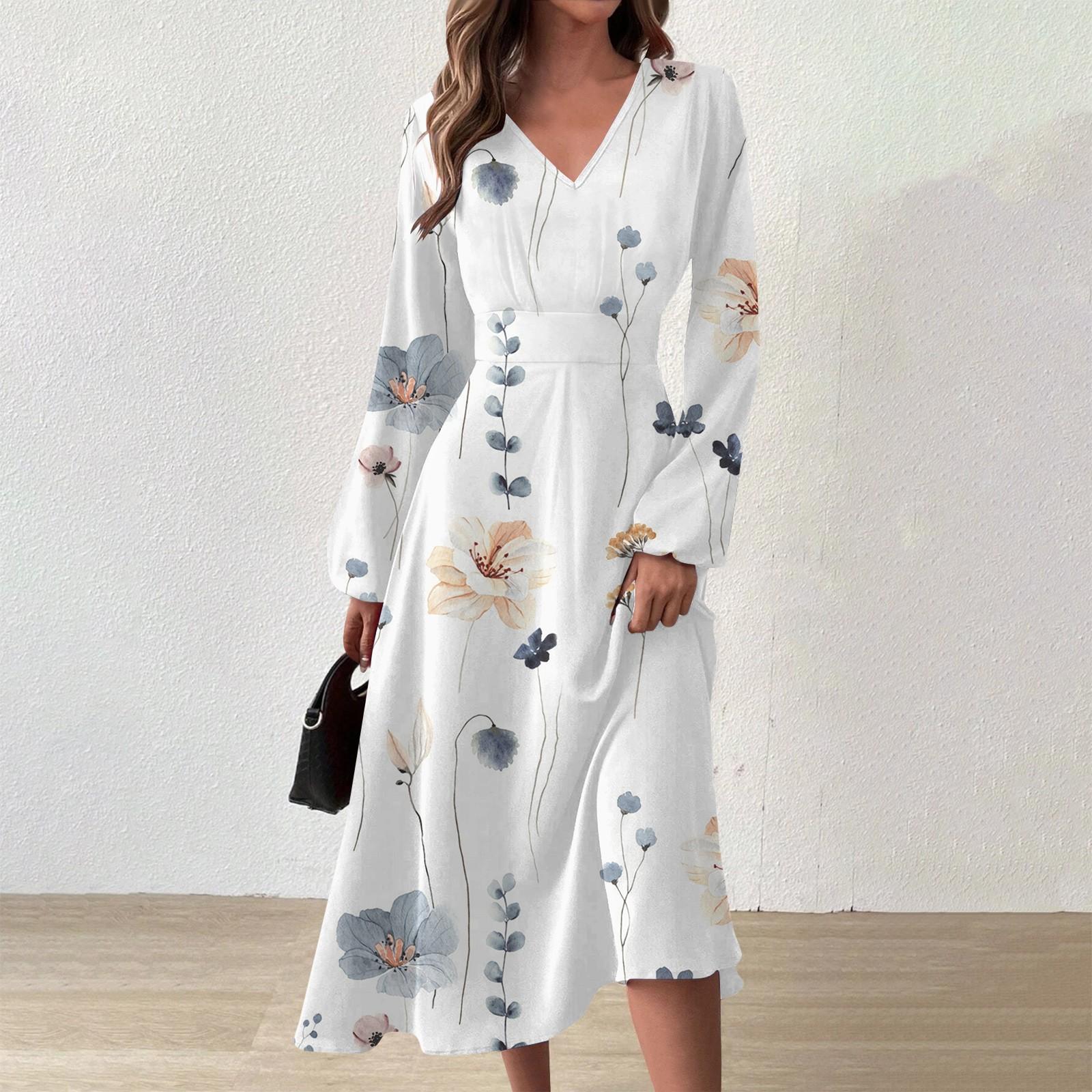

Женское осенне-зимнее повседневное модное длинное платье с v-образным вырезом и длинным рукавом с цветочным принтом XXL белый