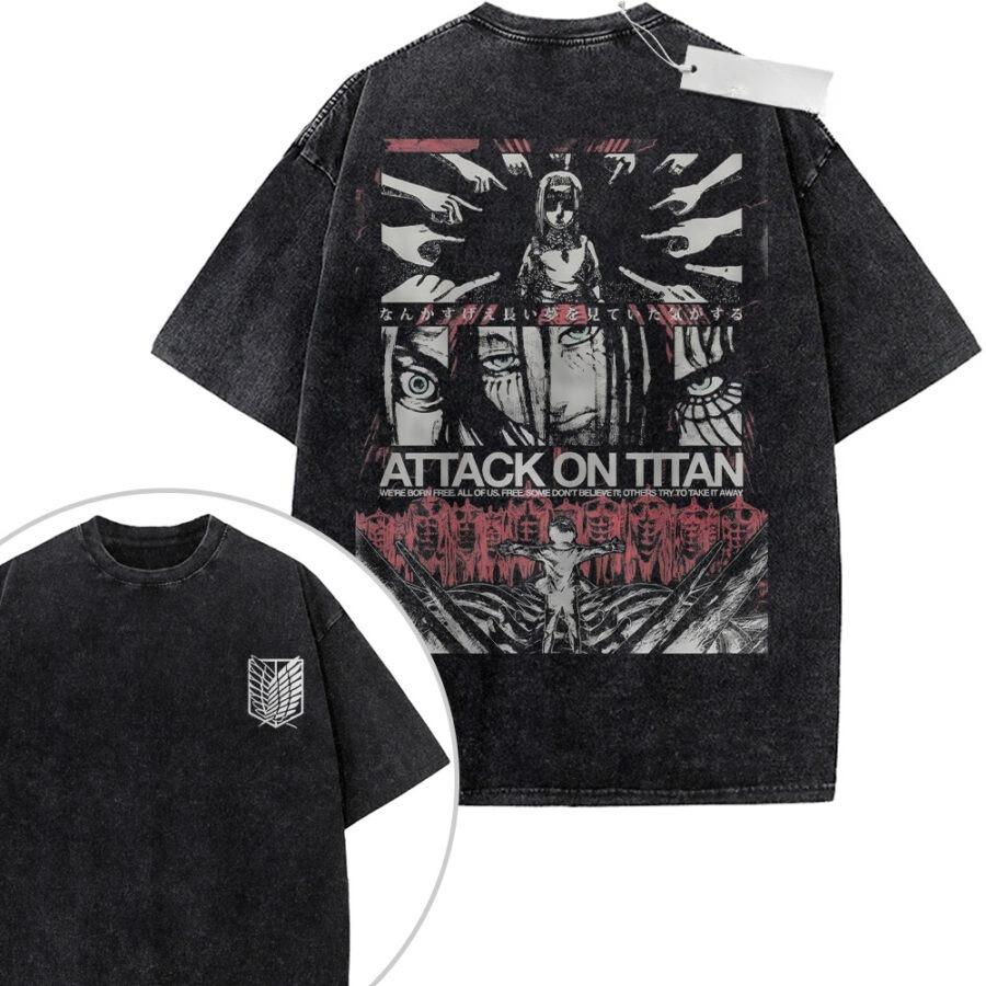 Oversize Vintage Washed Attack On Titan T Shirt with Anime Titans Army Graffiti Print for Streetwear Casual Daily Outfit