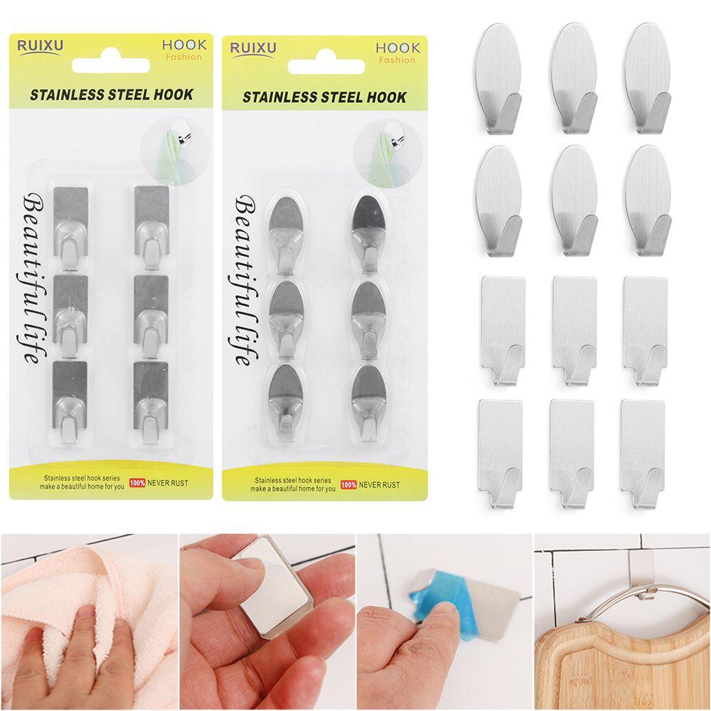 6 Pcs New Kitchen Office Self Adhesive Wall Hooks Stainless Steel Cloth Hanger