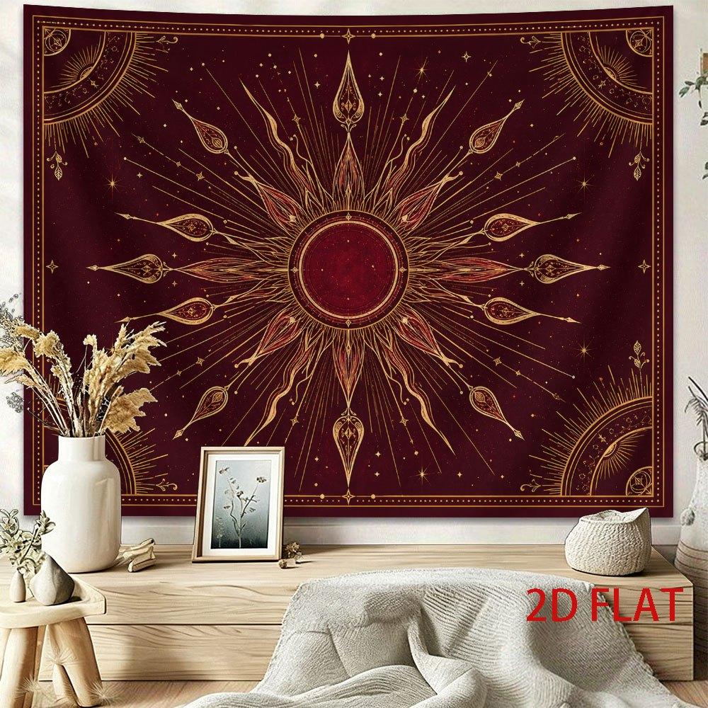 1pc Tapestry Mystical Sun Deity Symbol Decorative Tapestry, Intricate Golden Rays And Celestial Motifs on Deep Burgundy Background, Perfect for Spirit
