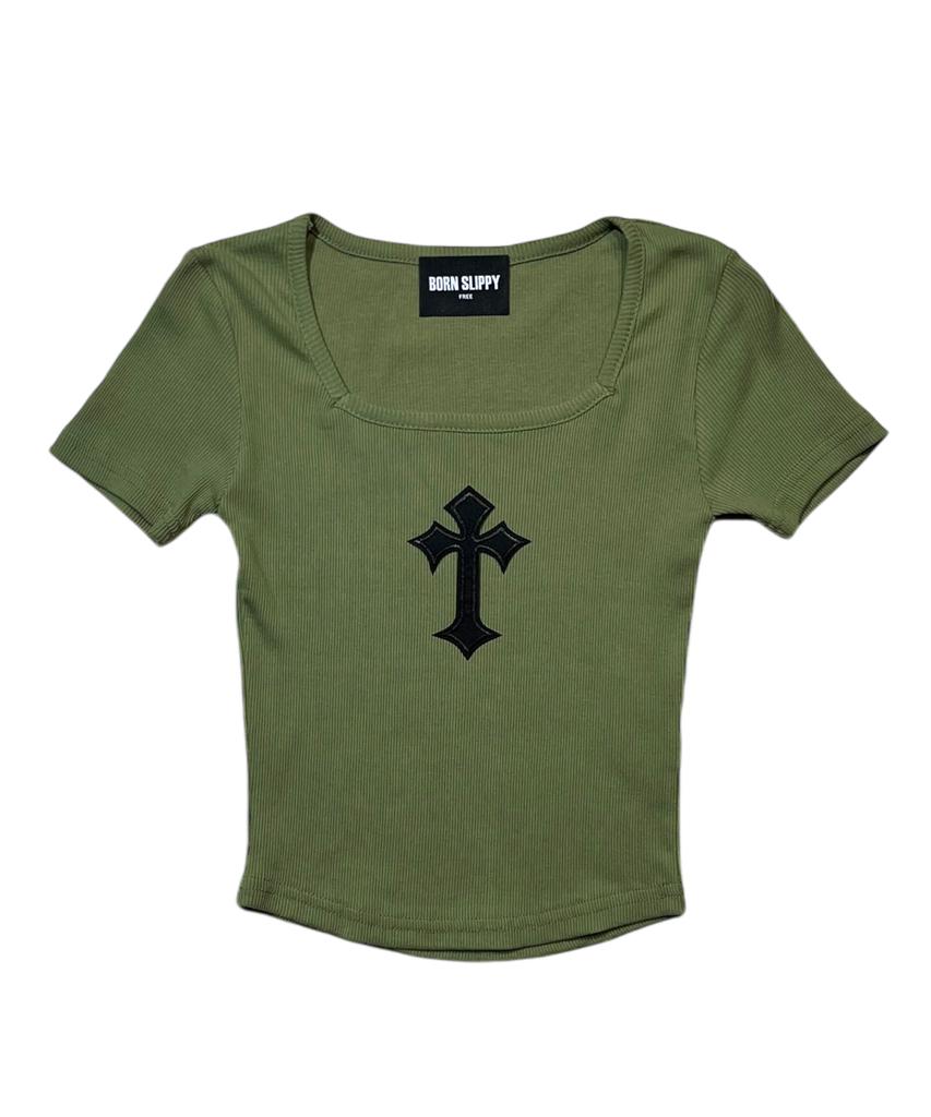 Bonseullipi Cross Square Neck T-Shirt (Green)