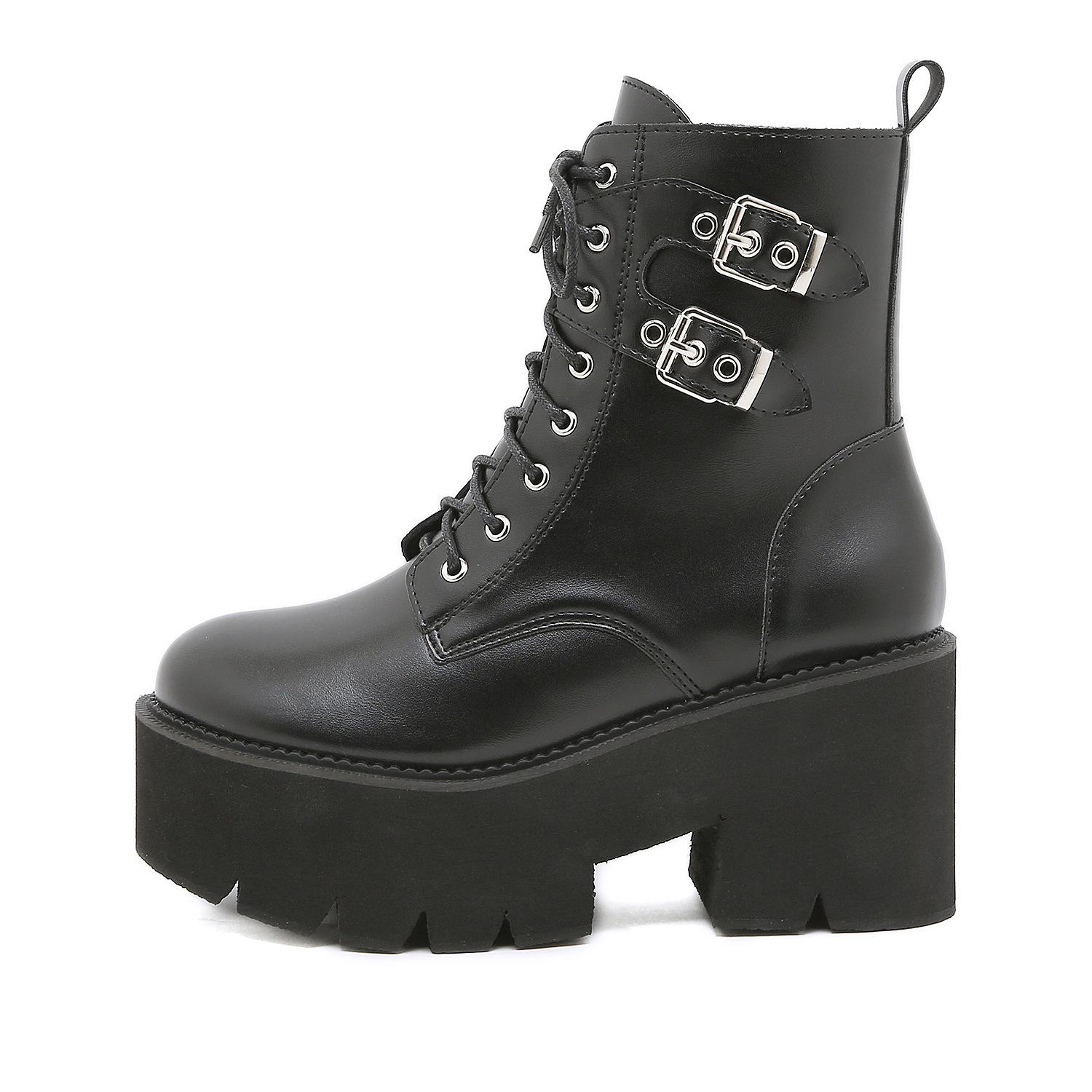 

Однотонная пряжка, каблук-подкова, толстая подошва, водонепроницаемые ботинки-столбики Мартин, короткие ботинки из микрофибры, модные ботинки-локомотивы, женские 43 чёрный