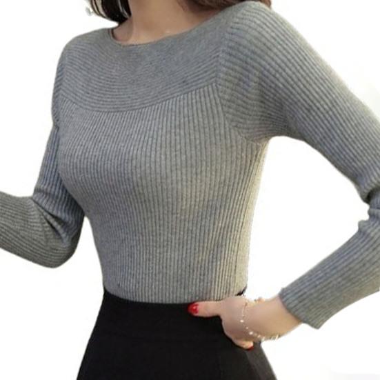 Women Knitting Tops Bateau Collar Long Sleeve Slim Fit Pullover Tops Solid Color Stretchy Bottoming
