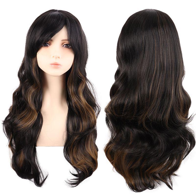 Flerfärgad 70 cm lång lockig animeperuk: Rotfrukt Rosa, Ljusguld, Svart, Roseröd Som Tillval