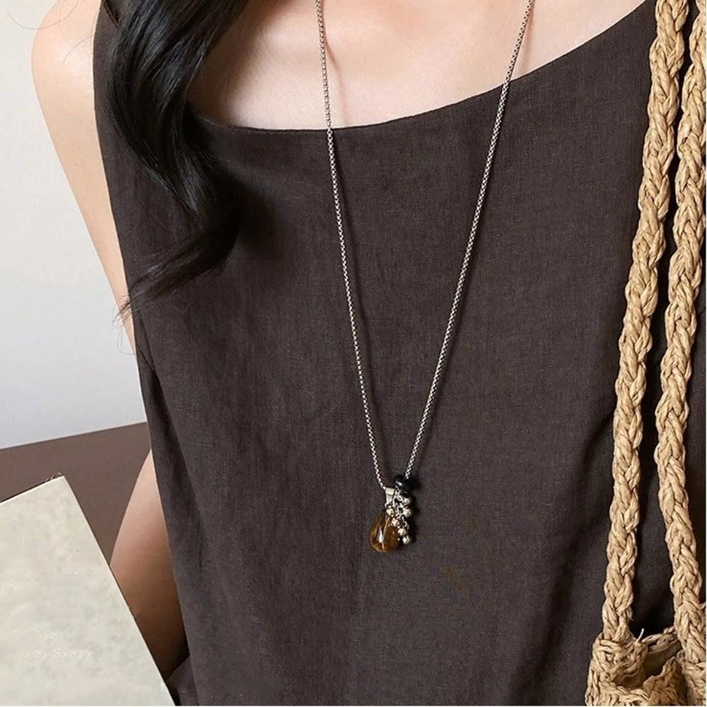 Exquisite Spotted Tiger Eye Stone Long Chain Necklace Long Chain Irregular Pendant Long Versatile Clavicle Metal Sweater Chain