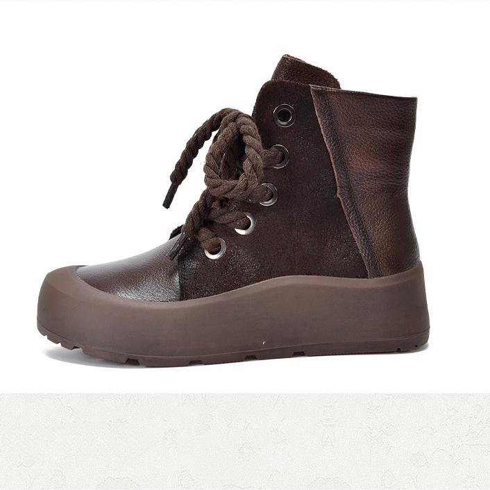 Johnature Retro Genuine Leather Short Boots Lace Up Thick Sole Plush Warm Cotton Boots Women's Shoes