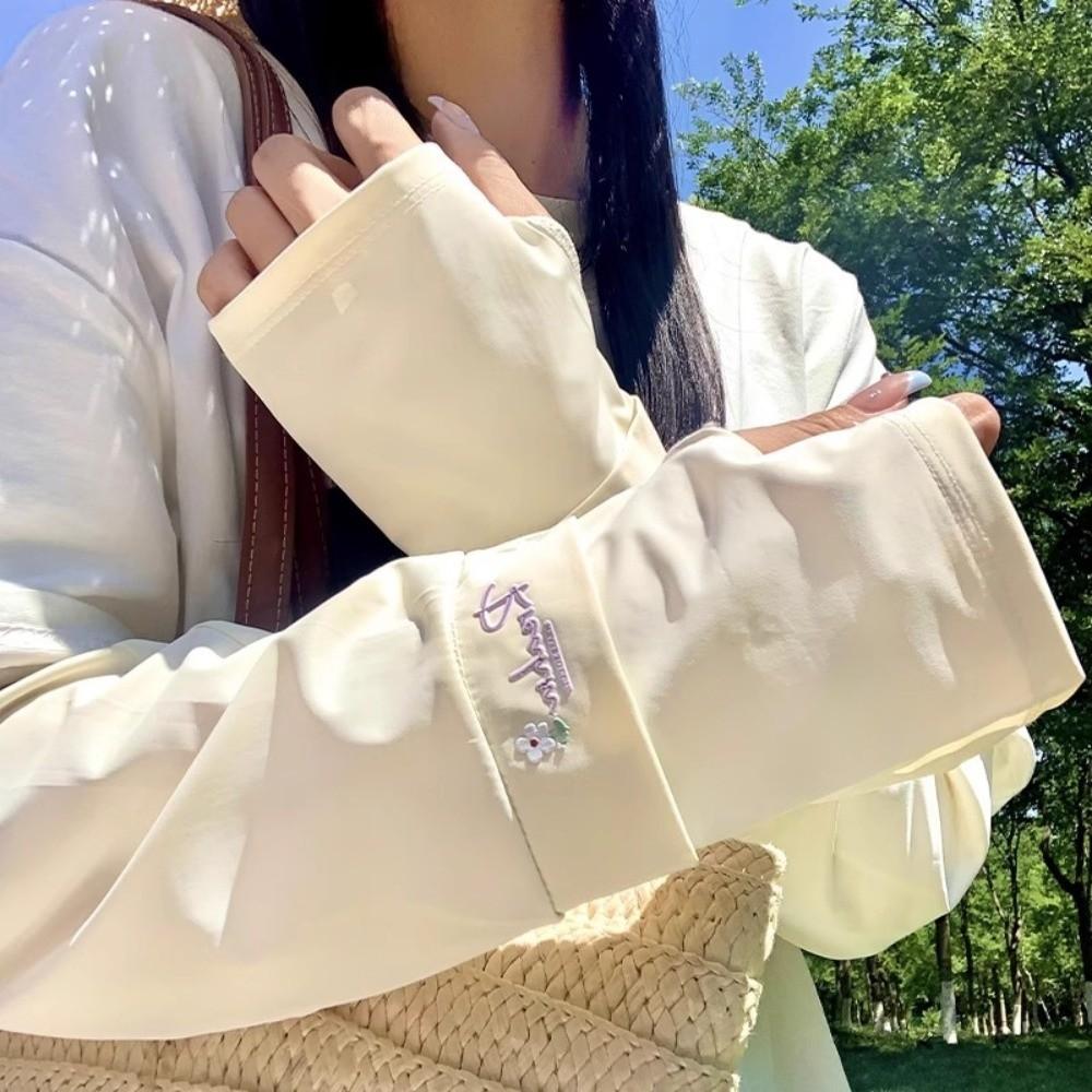 Loose Long Ice Silk Sleeves Flower Embroidered Cycling Gloves Sunscreen Arm Covers  Summer