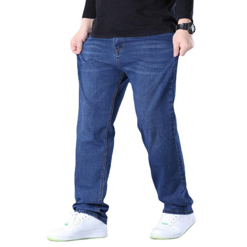 Spring/Summer Loose Fit Plus Size Straight Leg Jeans for Men Hard-Wearing Washed Wide-Leg Trousers