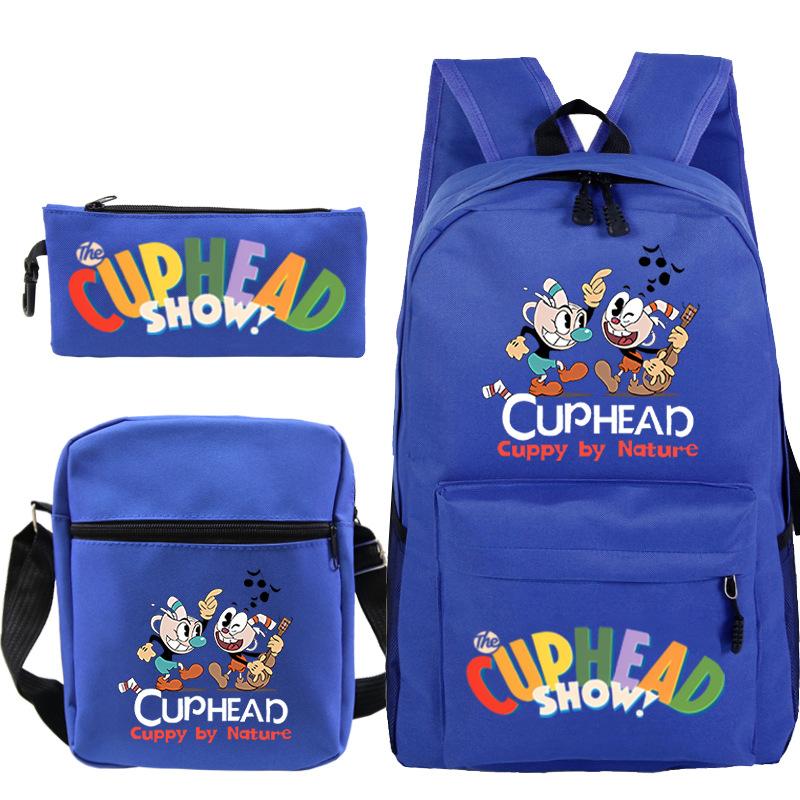 Cartoon Teacup Head Cuphead Student Backpack Oblique Span Bag Pencil Bag Primary And Secondary School Students Children'S Schoolbag Three-Piece Set