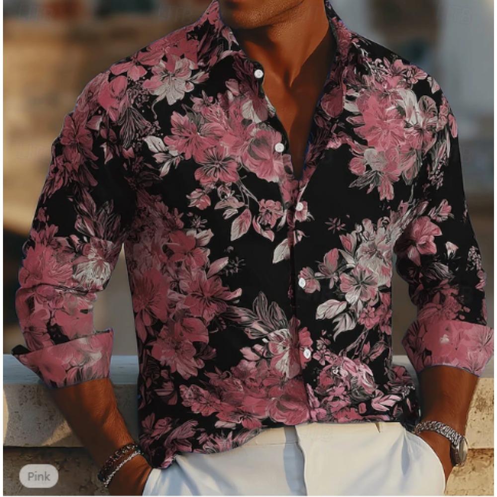 Camisas de Manga Larga con Estampado Floral para Hombre Cárdigan Casual Botón Nuevo Moda Festiva Camisas