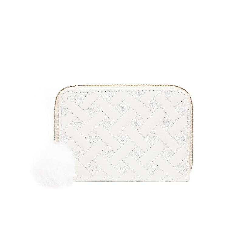 Ladies' Heart-shaped Embroidered Short Coin Purse, Fresh and Clean Fluffy Ball Pendant, Versatile Small Card Bag