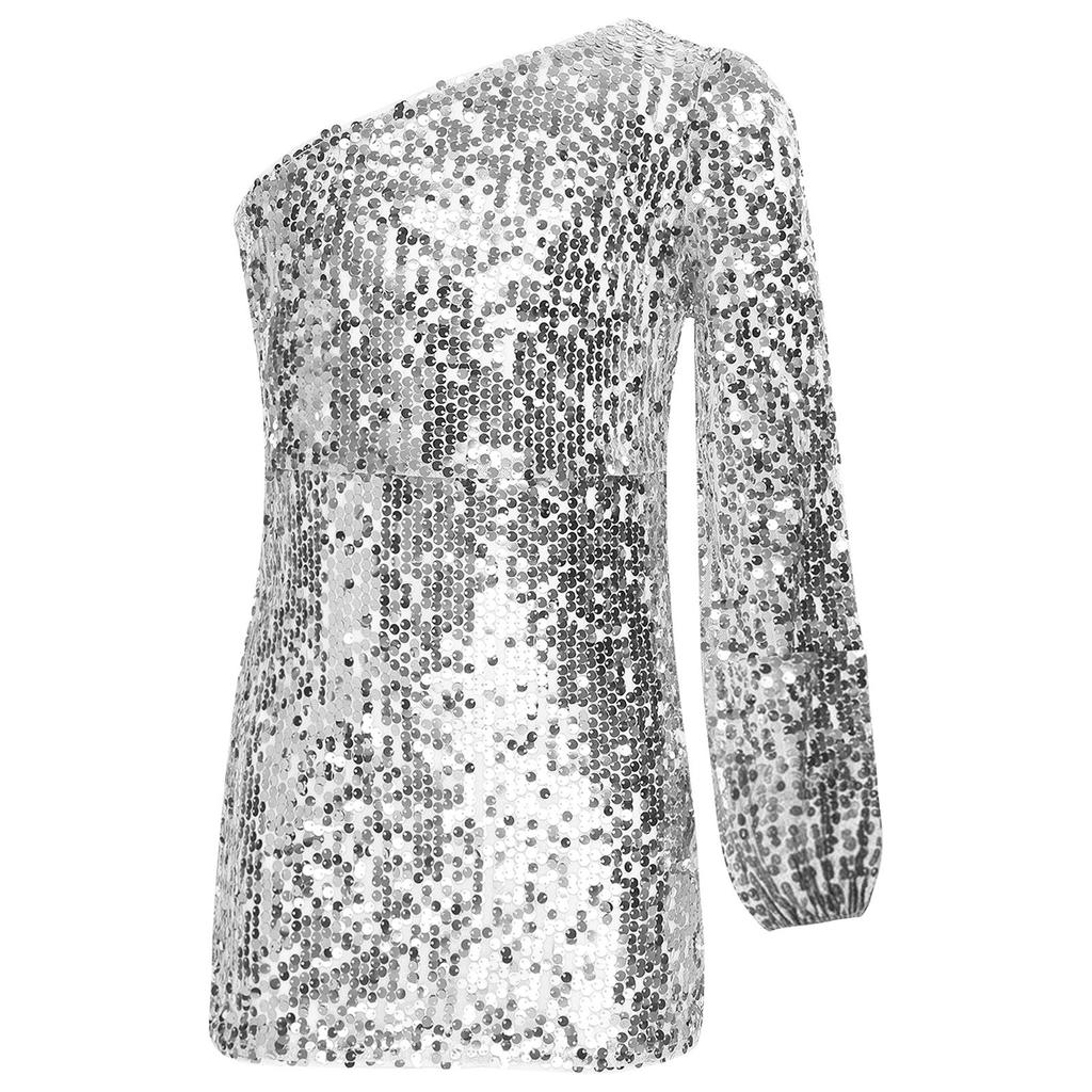 Vestido de Lentejuelas Brillantes para Niñas de un Hombro Manga Larga Largo por Encima de la Rodilla Vestido de Fiesta de Cumpleaños Concurso Boda