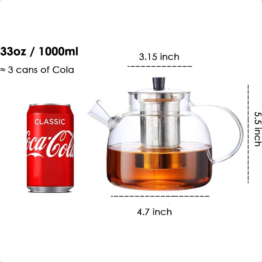 Glass Teapot with Infuser for Loose Leaf Tea Stovetop Safe Glass Tea Kettle 1000ML