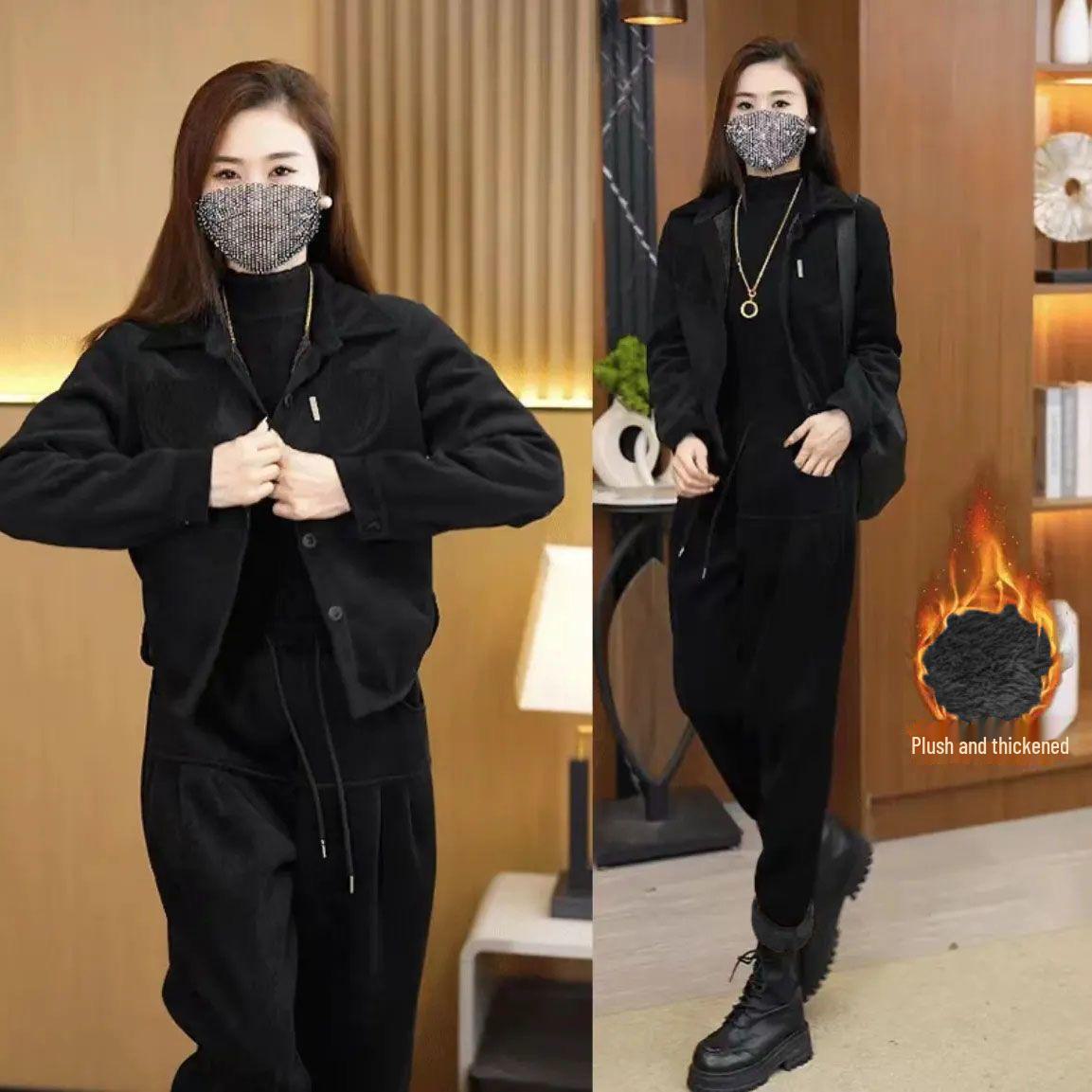 

Женский вельветовый костюм-двойка в корейском стиле 2024 года: Осенне-зимняя мода с плюшевым бархатом для элегантности, замедляющей старение 4XL чёрный