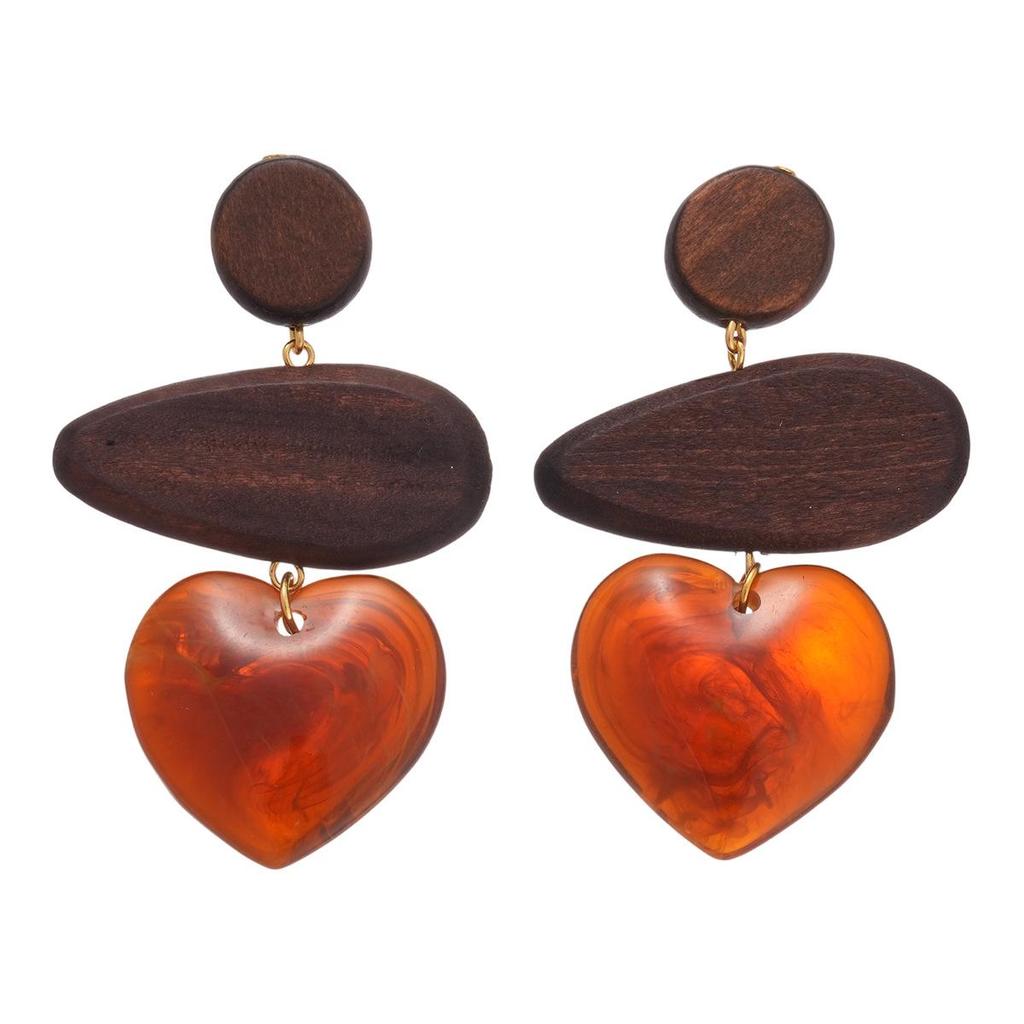European & American Resin Wood Teardrop Heart Earrings: Ethnic Style Retro Fashion with Silver Needle
