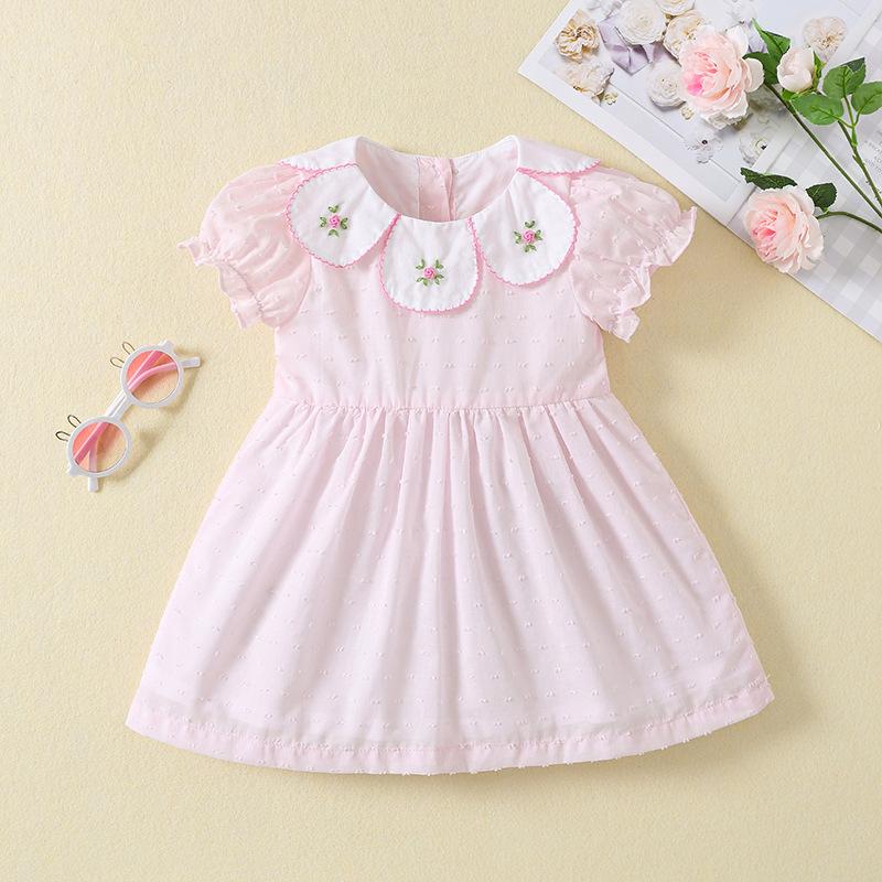 Summer Girls Sweet Petal Collar Dress Handmade Embroidered Princess Dress For Toddler Baby Children Casual Party Wear 80cm розовый