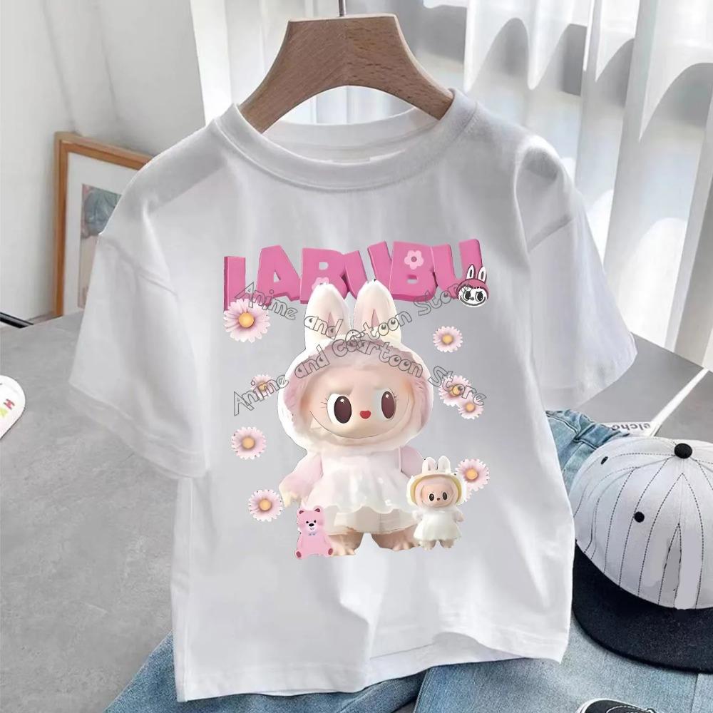 Maglietta Bianca Labubu per Bambini Carina Maglietta Cartone Animato Top Anime Girocollo Manica Corta Vestiti Moda Abbigliamento Estivo per Bambini Regalo