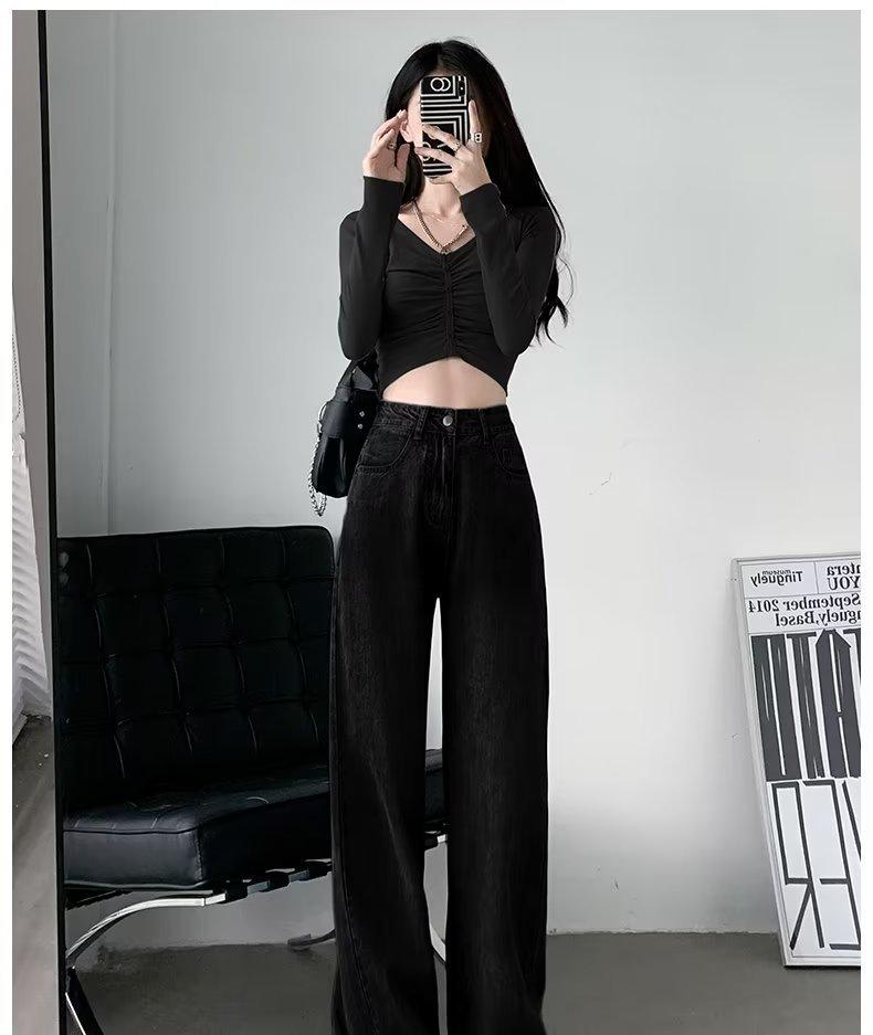 Women's High Waist Black Straight-Leg Jeans, Slimming Summer 2024 Thin Style, Small Size, Floor-Length.