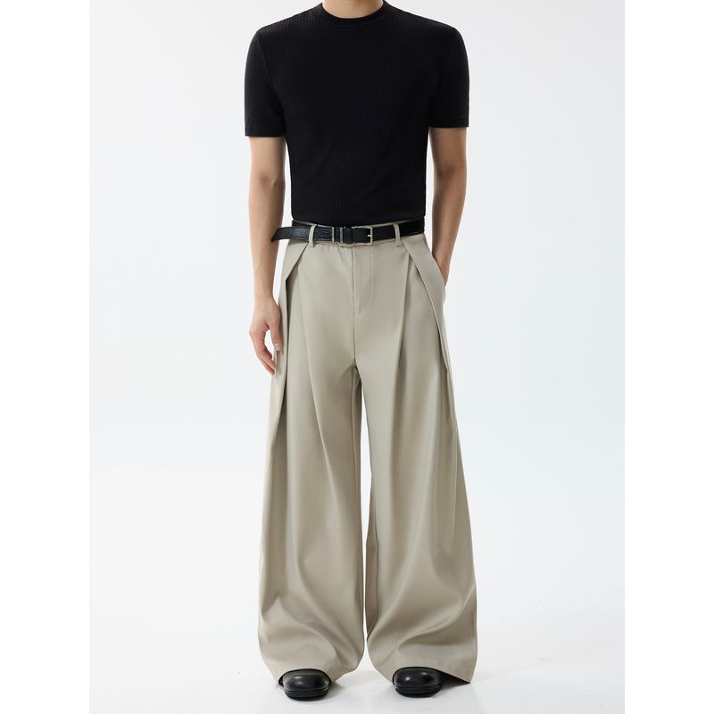 Blaexit Old Money Style Khaki Pleated Cleanfit Dress Pants Men's Loose Casual A-Line Wide-Leg Pants