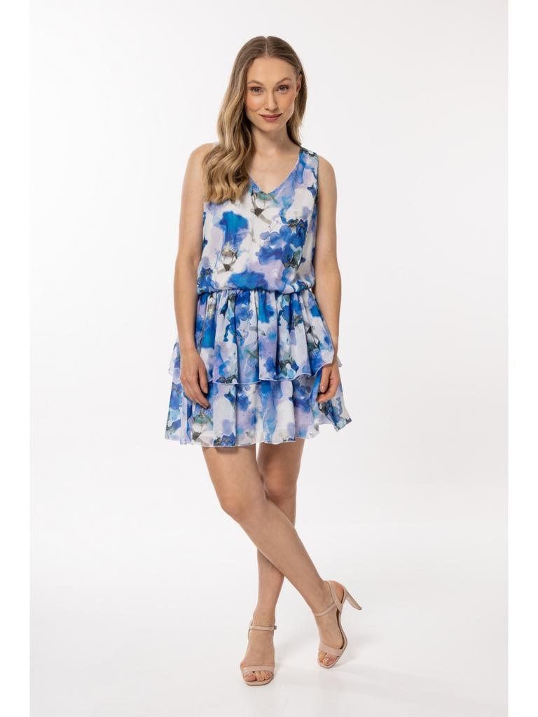 Flared chiffon mini dress with ruffles, blue floral pattern M