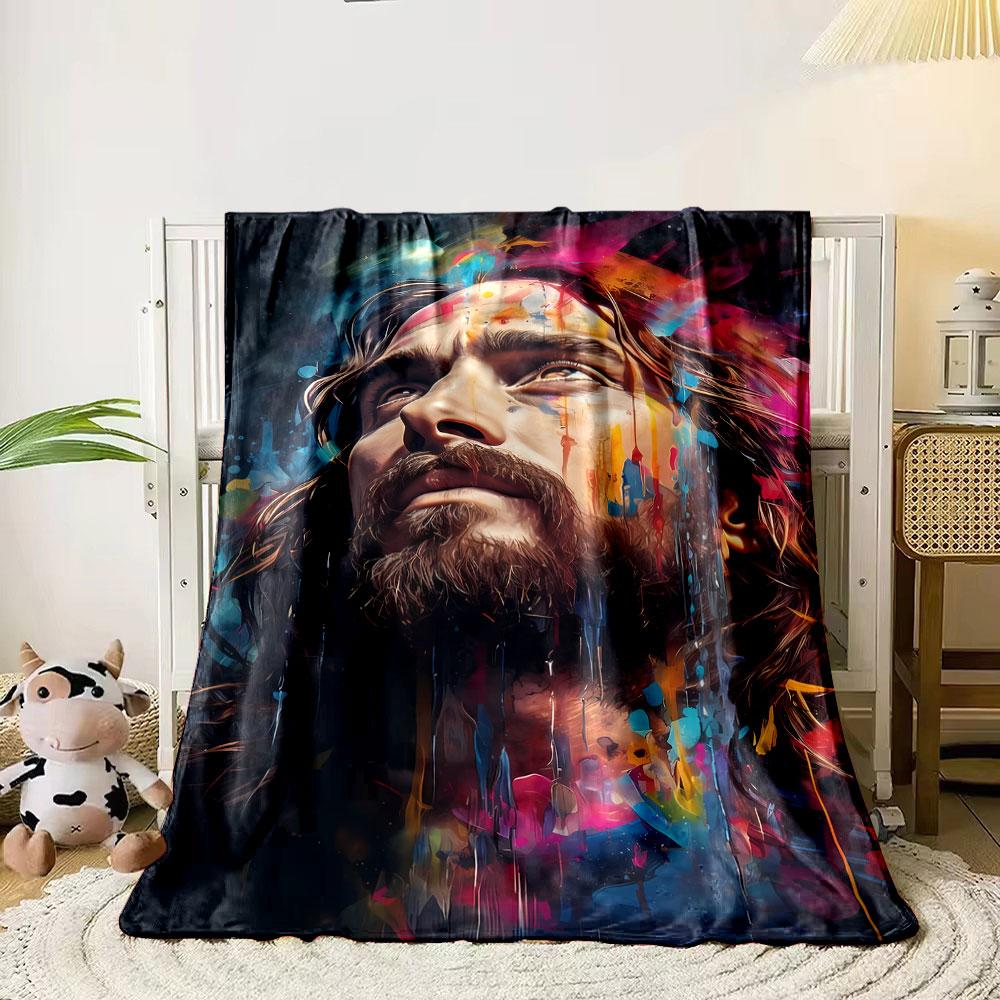 Jesus Portrait Colorful Art Blanket Bedroom Blanket for Livingroom Couch Lunch Break Soft Throw for Friend's Festival Gift