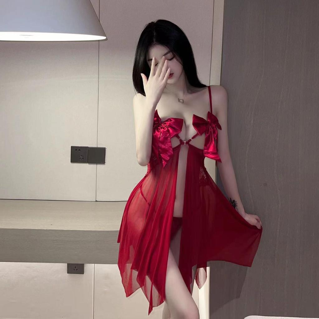 Französisches romantisches Meeresschmetterling-Cami-Nachthemd mit tiefem Rückenausschnitt und Schleifendesign