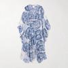 Blue White Porcelain Print Loose V-Neck Maxi Dress Women High-Waist Long Sleeve Boho Flowy