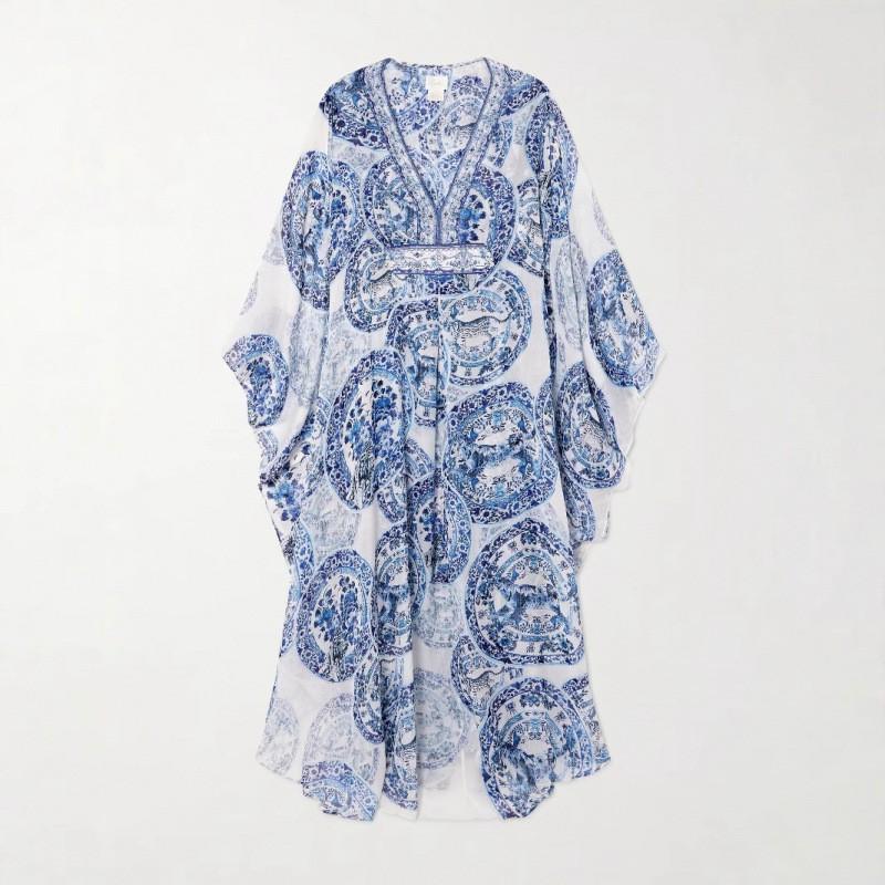 Blue White Porcelain Print Loose V-Neck Maxi Dress Women High-Waist Long Sleeve Boho Flowy