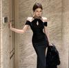 Sexy High-end Evening Dress Neck Dress 1011 Autumn and Winter New Celebrity Off-the-shoulder Split Ruffle Skirt Women