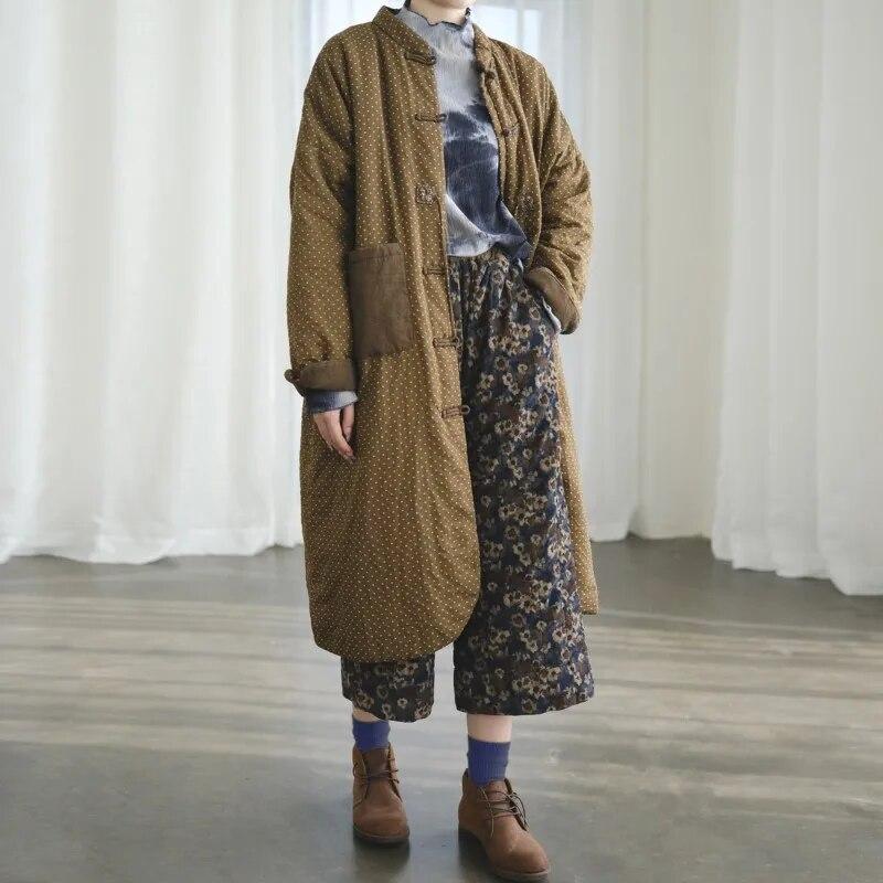 Johnature Women Vintage Corduroy Print Floral Wide Leg Pants Plus Cotton Trouser Winter Elastic Waist High Quality Pants