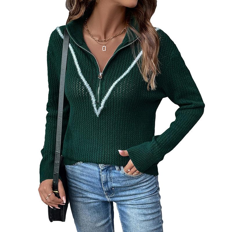 European and American contrasting color zipper semi-open autumn and winter new knitted pullover retro dark green lapel sweater