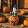 Hand Painted Yard Decor Halloween Gnome Outdoor Garden Statue, Resin On Pumpkin Figurine with Autumn Home Accents Black Cat, Fall Dwarf Sculpture for