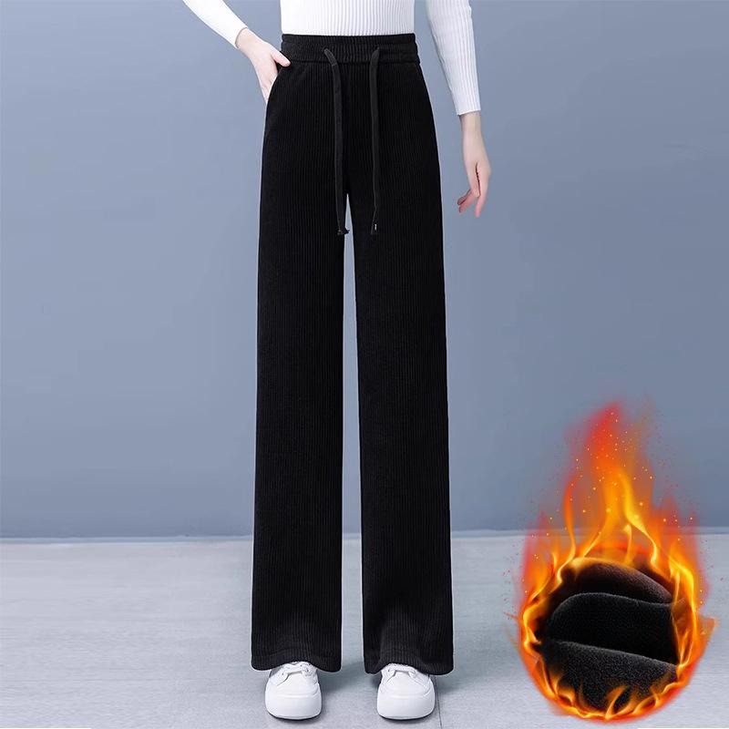Wide-leg Pants Women's Autumn and Winter Fleece Thickened Loose and Thin Extra Large-size Women's Straight Casual Trousers