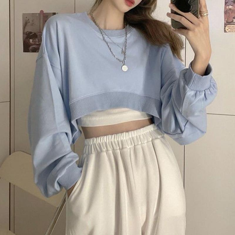 High Waist Short Sweatshirt Women's Loose Long Sleeve T-shirt Top