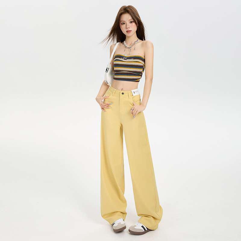 Yellow Lyocell High-Waisted Wide-Leg Drape Pants for Women XS