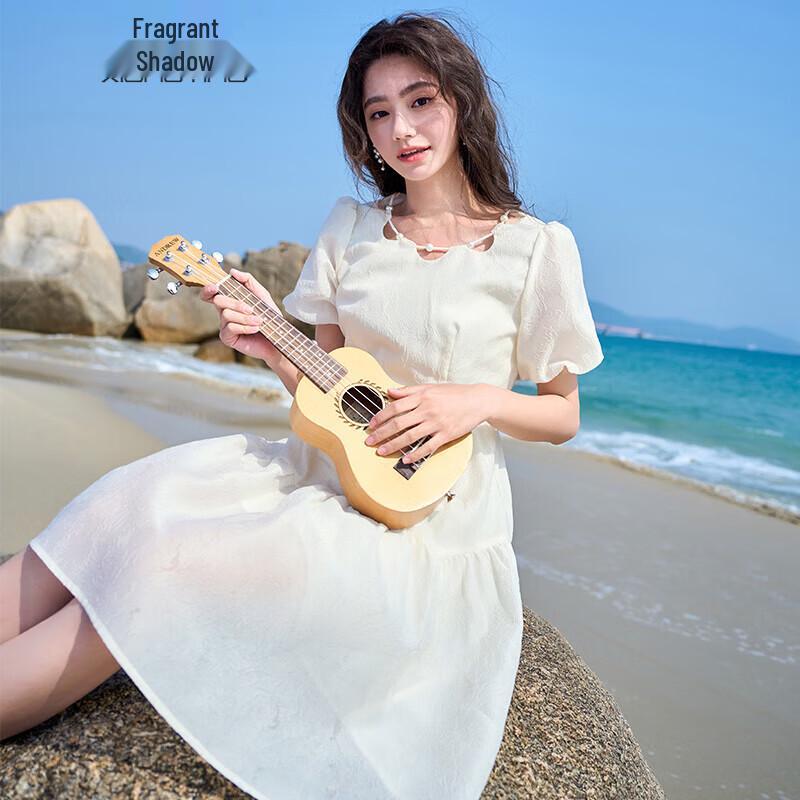 Xiangying French Puff Sleeve High-Waist A-Line Midi Dress M