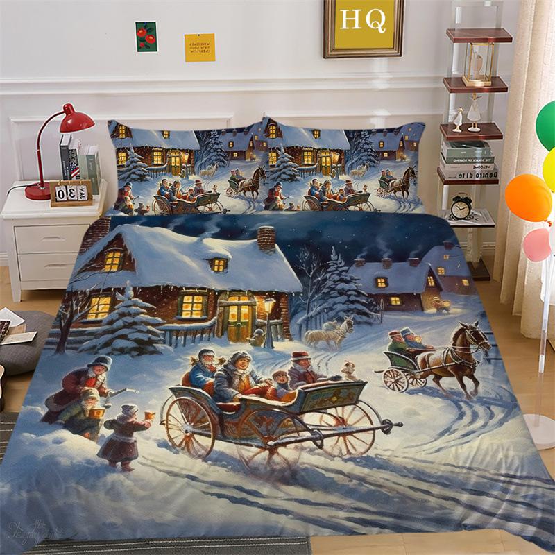 Christmas Snow Scene 3D Printed Polyester Pillowcase Quilt Cover Two Or Three Piece Set