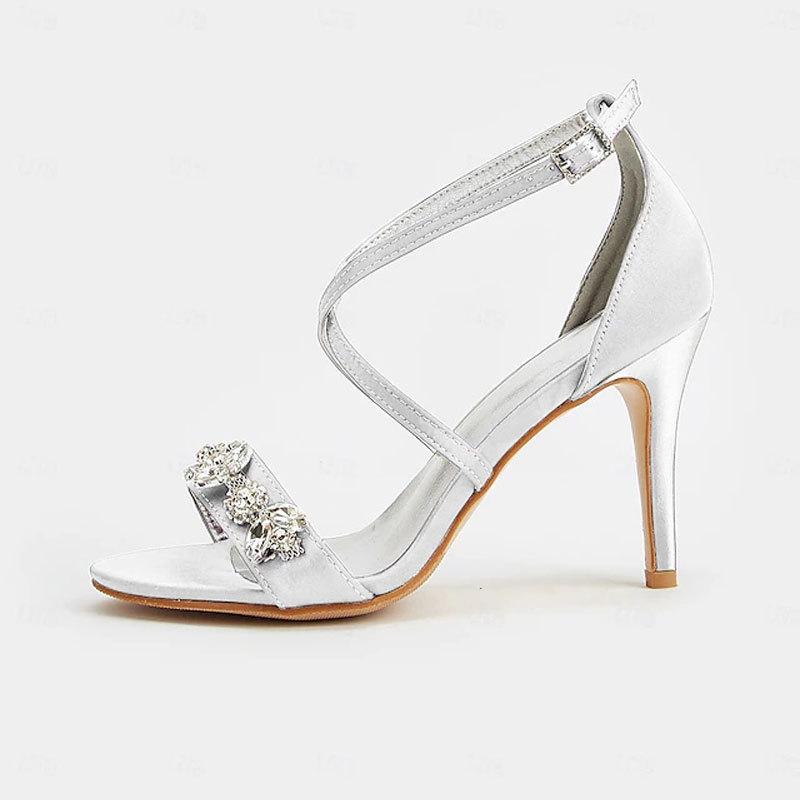 One word cross strap stiletto purple sandals women's fashion high heels blue rhinestone sexy strap satin women's shoes 43