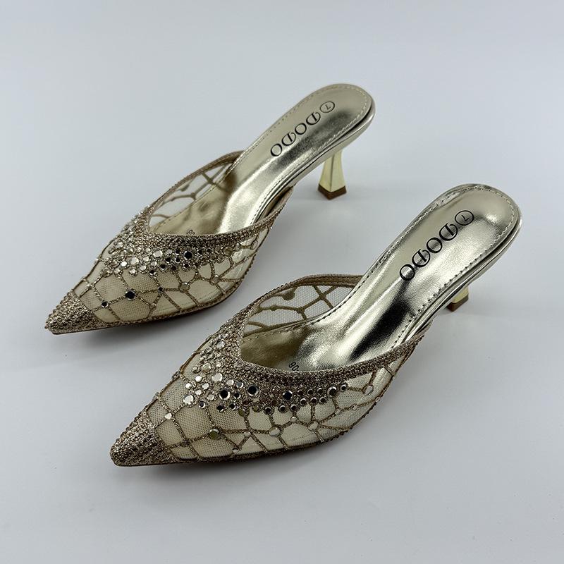 Women's Rhinestone Cap-Toe Stiletto Mules - Summer 2025 Cut-Out Mesh Backless Slippers