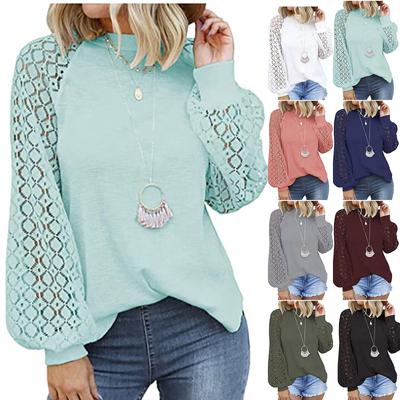 Women's Fashion Casual Blouse  Soild Long Sleeve Lace Splicing Loose Top