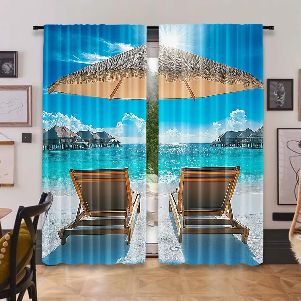 2Pcs Beach Curtain Maldives Scenic Seaside View Sunbeds Under Umbrella Romantic Honeymoon Theme