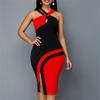 Sexy Patchwork Halter Letní Nové Plážové Šaty bez Rukávů Dámské Oblečení Módní Ležérní Robe Bodycon Šaty s Vysokým Pasem Dámské