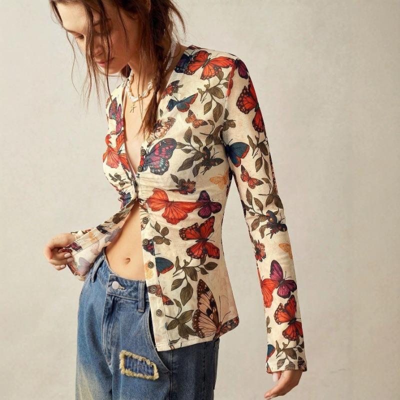 Women S V Neck Long Sleeve Butterfly Print Slim Fit Blouse