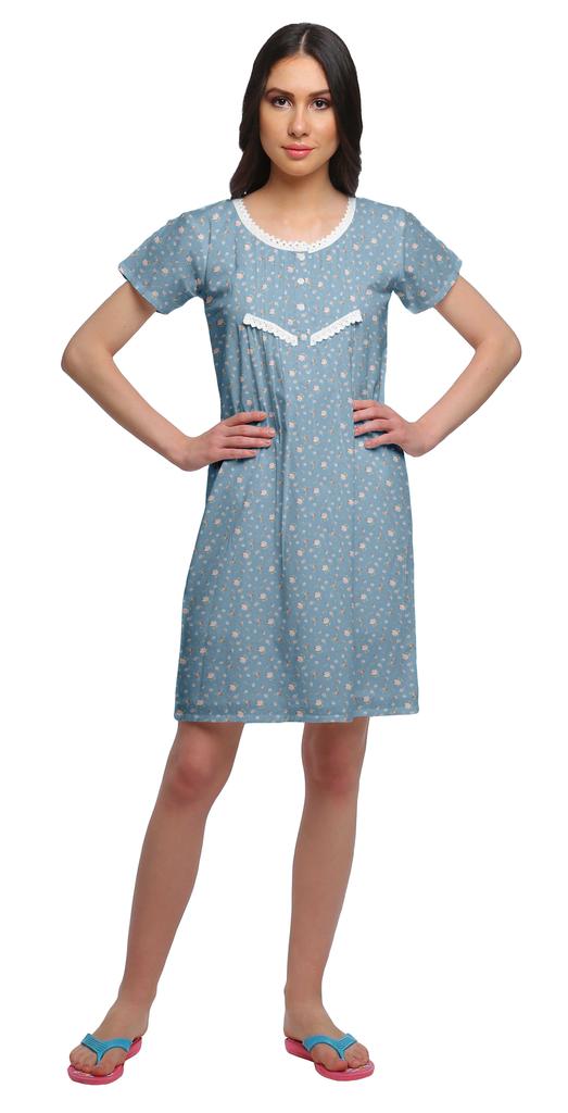 Moomaya Cotton Lace Neckline Sleepwear For Women Button Placket Nightdress