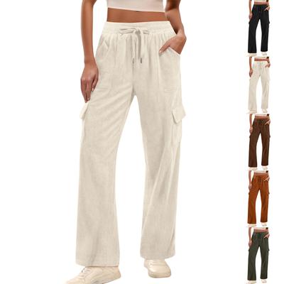 Women's Corduroy Casual Pants High Waist Elastic Drawstring Loose Workwear Wide Leg Pants With Pockets