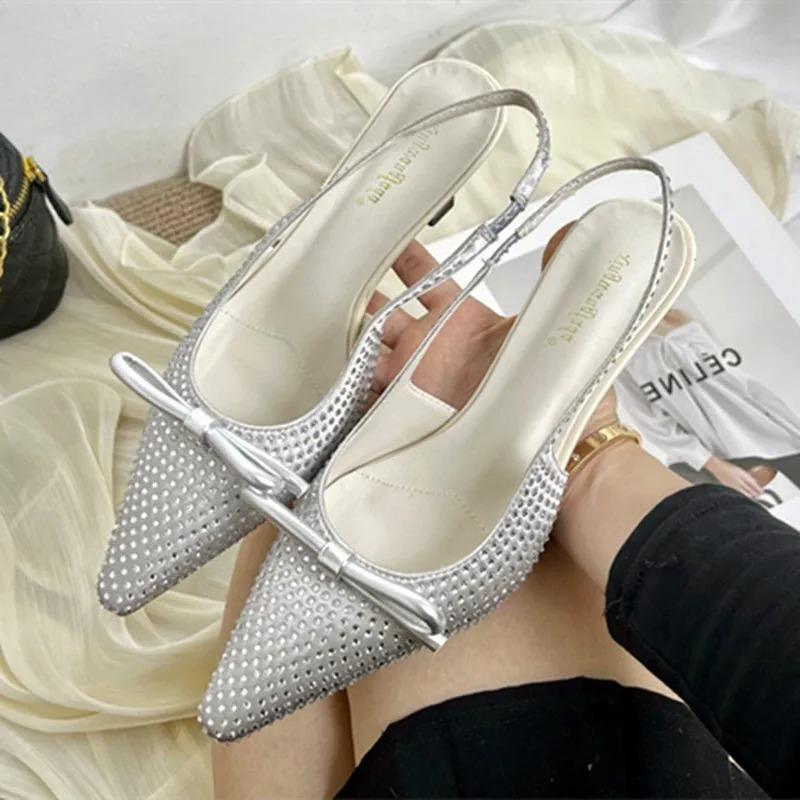 Fashion Sexy Pointed Toe Bow Back Strap Pumps Women Luxury Bling Rhinestone Branded Designer Shoes Elegant Banquet Wedding Bridal Shoes