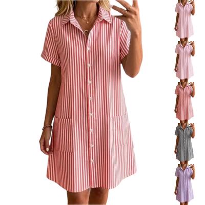 Women's Loose Fit Plus Size Striped Short Sleeve Shirt Dress Casual Mid Length Button Down Summer Dress with Pockets