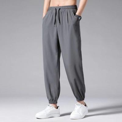 Men Pants Ice Silk Straight Thin Pockets Drawstring Plus Elastic Waist Side Size Loose Quick-drying Solid Color Quick Dry